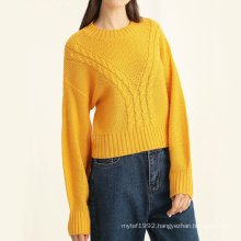 Custom old gold color Latest crew neck Ribbed cuff Cable knitted breathable women's pullover sweater lady knitwear top